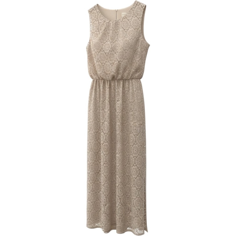 Chico's Beige Lace Sleeveless Maxi Dress Size 2 Large Elastic Waist Side Slits